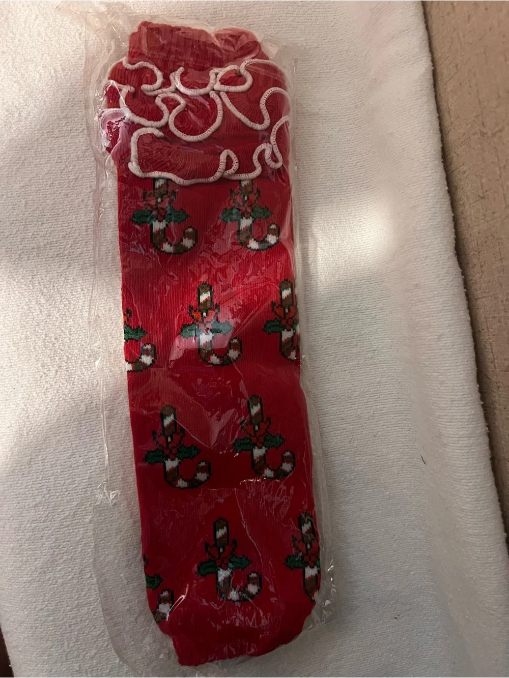 Kids Red Ruffle Top Socks with Candy Cane Motif